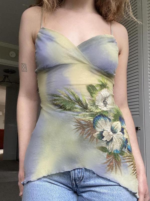 Women's Ombre & Floral Print Ruched Backless Halter Neck Cami Top, Asymmetrical Hem Lettuce Trim Tie Back Sleeveless Top for Summer, Fashion Women's Top for Daily Wear